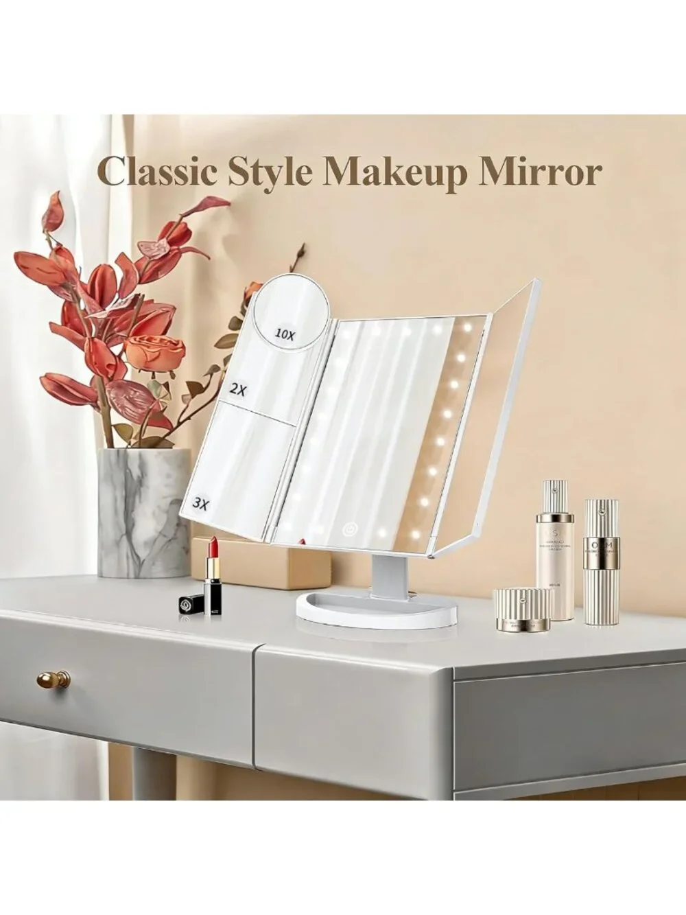 Trifold LED Makeup Mirror with 2X/3X/10X Magnification, Touch Dimming, Dual